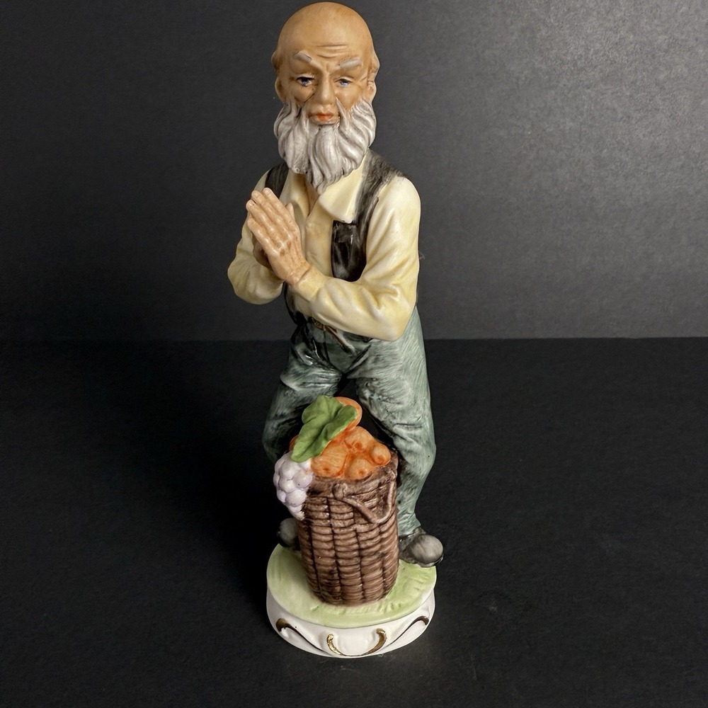 Vintage Ardco Japan Farmer Figurineโ Praying with Basket of Produce Vintage FLAW